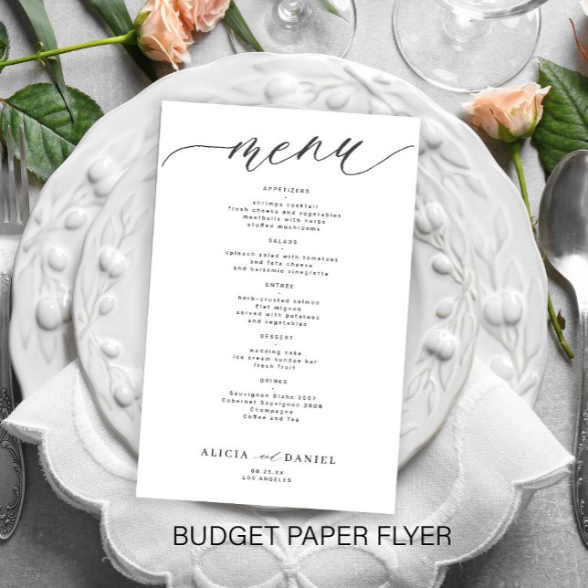 Budget romantisk vit svart script bröllopsmeny flygblad (Skapare uppladdad)