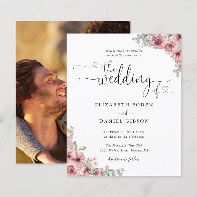 Budget Ros Blommig Skript Foto Bröllopsinbjudan (Fram/baksida)