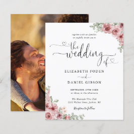 Budget Ros Blommig Skript Foto Bröllopsinbjudan