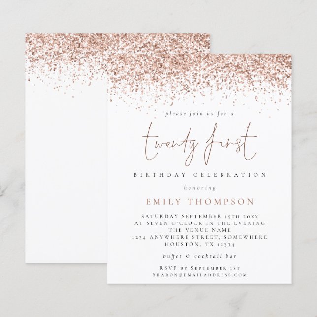 Budget Ros Glitter Girlaktigt Tjugoförsta Inbjudan (Fram/baksida)