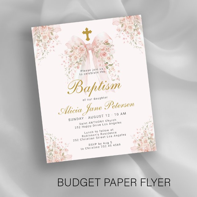 Budget rosa båge blommig flickor dop inbjudan flygblad (Skapare uppladdad)