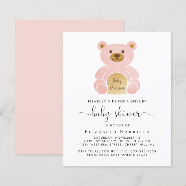 Budget Rosa Bear Drive by Baby Shower-inbjudan (Fram/baksida)