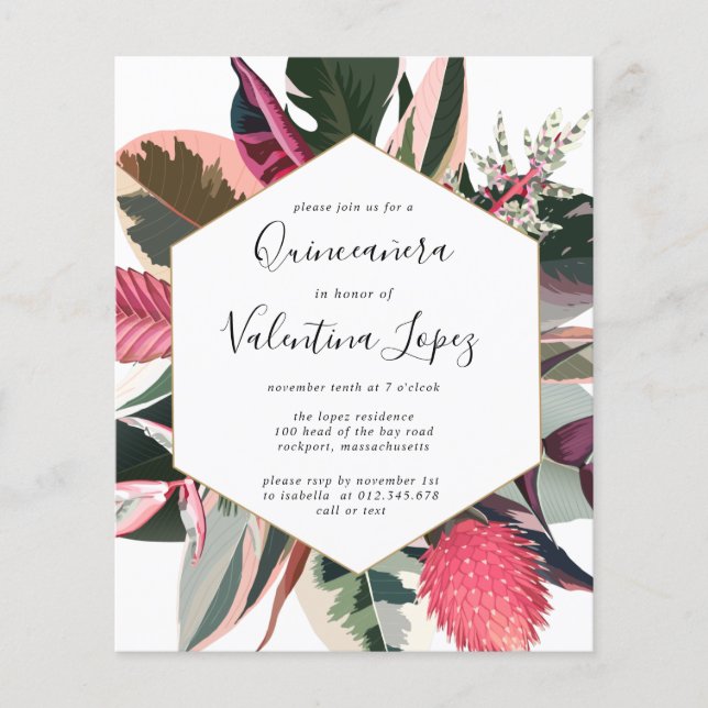 Budget Rosa Black Tropical Quinceanera-inbjudan (Framsida)