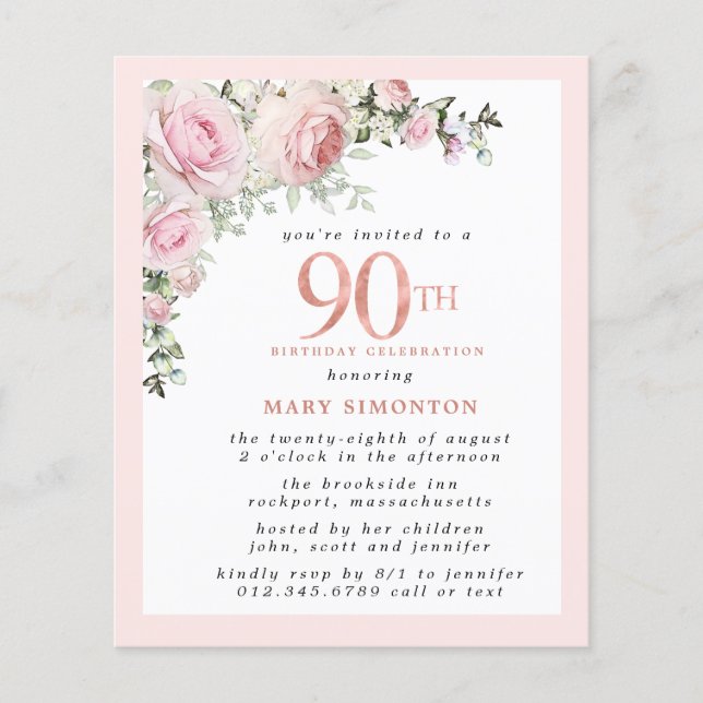 Budget Rosa Blommig 90-års Födelsedagsinbjudan (Framsida)