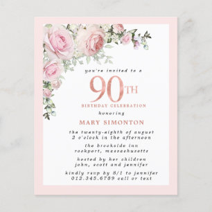 Budget Rosa Blommig 90-års Födelsedagsinbjudan