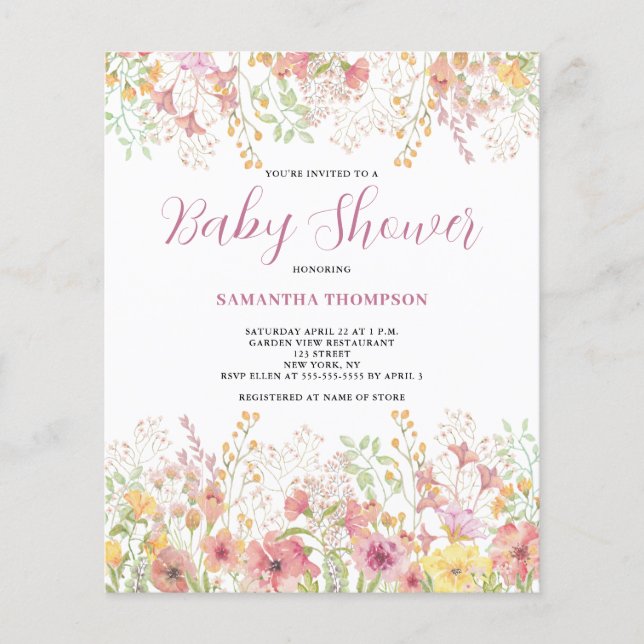 Budget Rosa Blommig Baby Shower Inbjudan (Framsida)