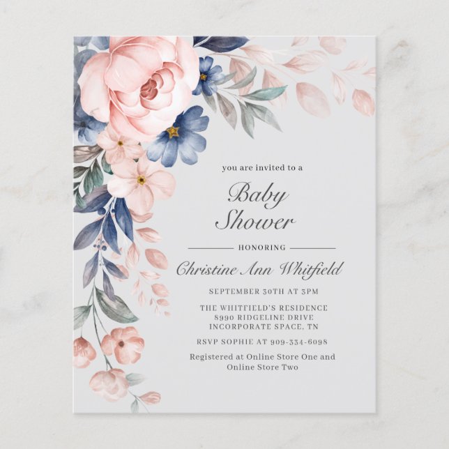 Budget Rosa Blommig Baby Shower Inbjudan (Framsida)