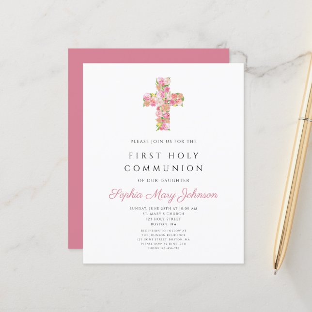 Budget Rosa Blommig Kors Religiös Första Nattvarde (Fram/Back In Situ)