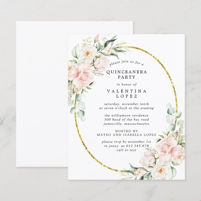 Budget Rosa Blommig Quinceanera-partys-inbjudan (Fram/baksida)