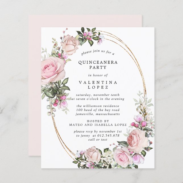 Budget Rosa Blommig Quinceanera-partys-inbjudan (Fram/baksida)