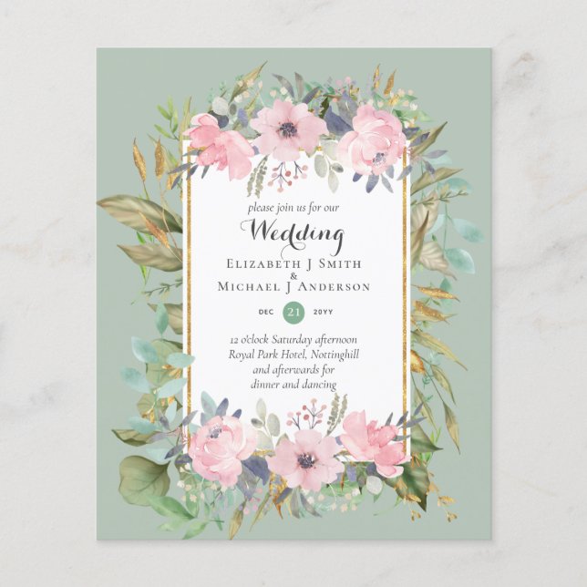 BUDGET Rosa Blommiga Bröllopsinbjudningar Flygblad (Framsidan)