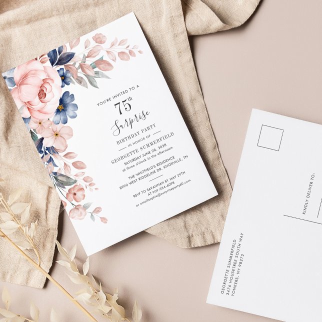 Budget Rosa Blommigt 75:e födelsedagsinbjudan (Pink Floral Watercolor 75th Birthday Party Invitation Postcard)
