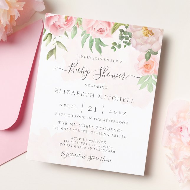Budget  Rosa Blommigt Baby Shower-inbjudan (Skapare uppladdad)