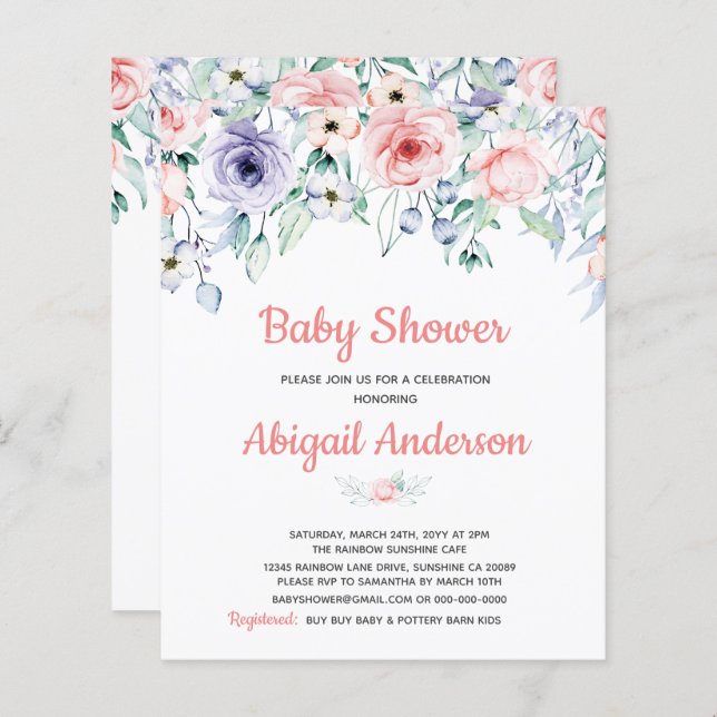 Budget  Rosa Blommigt Baby Shower-inbjudan (Fram/baksida)