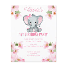 Budget Rosa Blommigt Elephant 1st Birthday Inbjuda