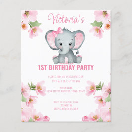 Budget Rosa Blommigt Elephant 1st Birthday Inbjuda