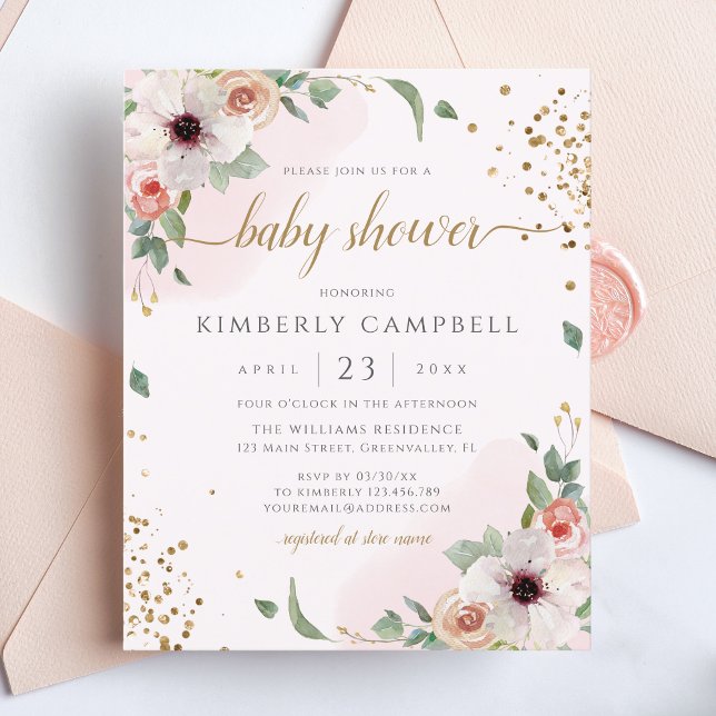 Budget Rosa Blommigt Girl Baby Shower-inbjudan (Skapare uppladdad)