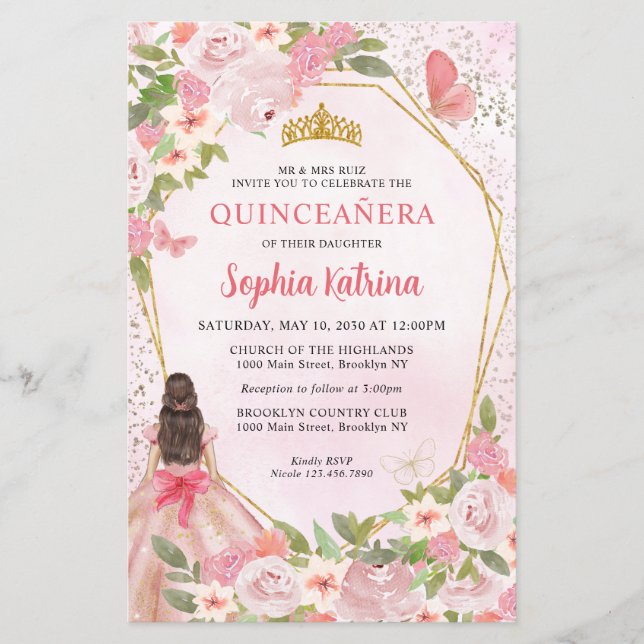Budget  Rosa Blommigt Guld Princess Quinceañera (Framsida)