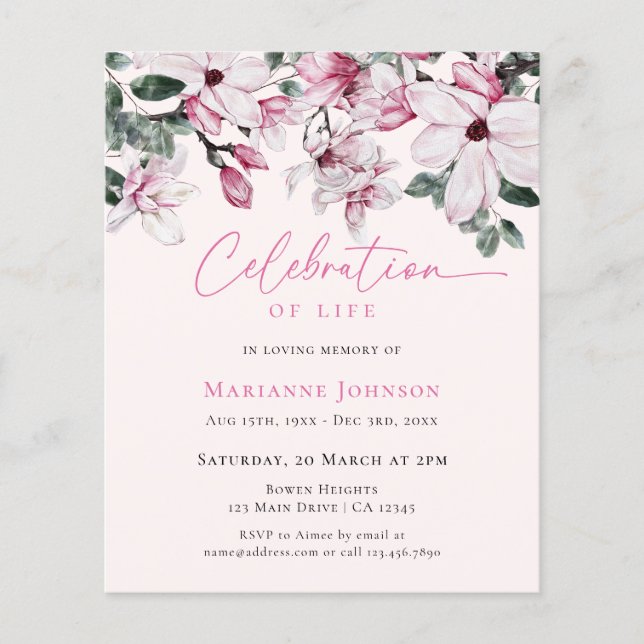 Budget Rosa Blommigt Memorial Firande Life Flygblad (Framsidan)