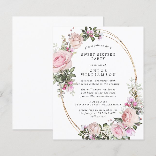 Budget Rosa Blommigt Sweet 16-partsinbjudan (Fram/baksida)