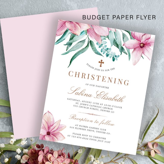 Budget rosa blomstergudstjänst elegant dopinbjudan flygblad (Skapare uppladdad)