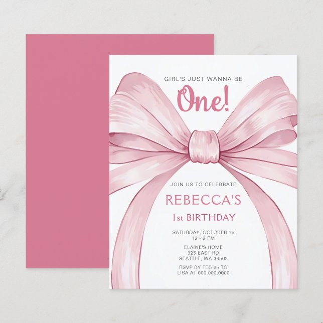 Budget Rosa Bow Coquette Första födelsedagsinbjuda (Fram/baksida)