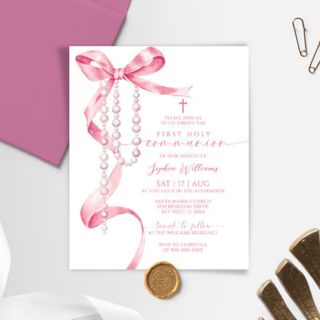 Budget Rosa Bow First Communion-inbjudan (Skapare uppladdad)