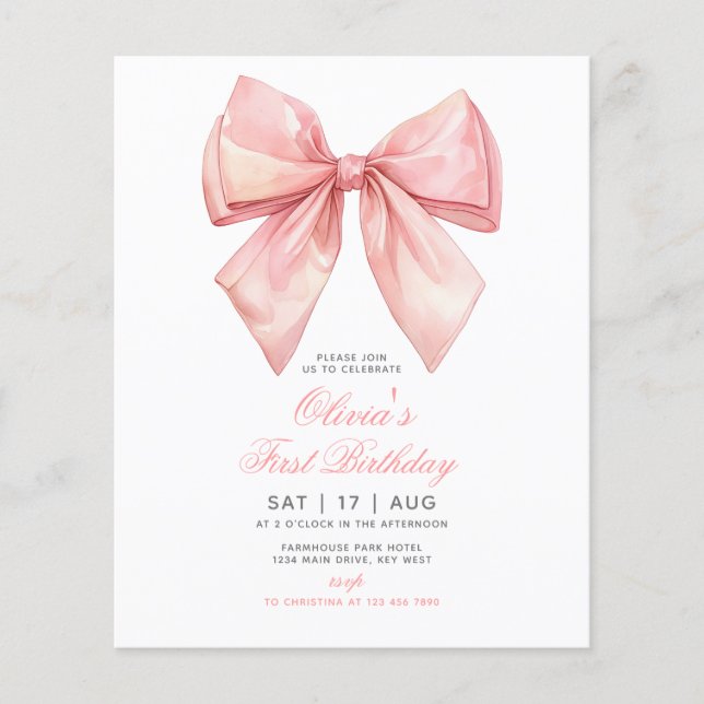 Budget Rosa Bow Girl First Birthday-inbjudan (Framsida)