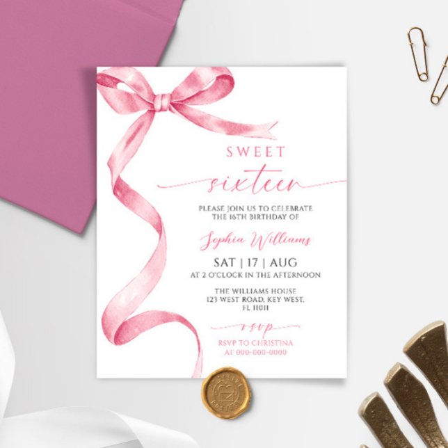 Budget Rosa Bow Sweet 16 Birthday bjudande (Skapare uppladdad)