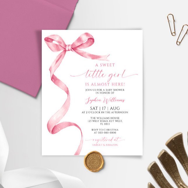 Budget Rosa Bow Sweet Girl Baby Shower-inbjudan (Skapare uppladdad)