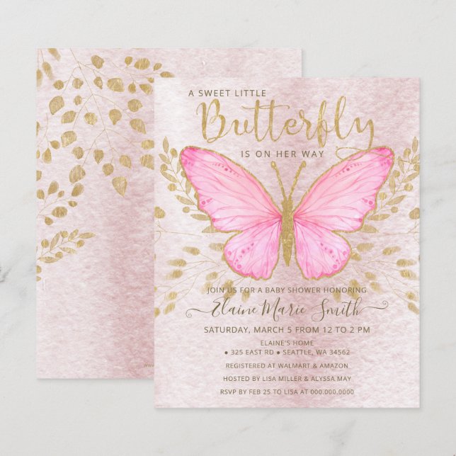 Budget Rosa Butterfly Baby Shower-inbjudan för Gul (Fram/baksida)