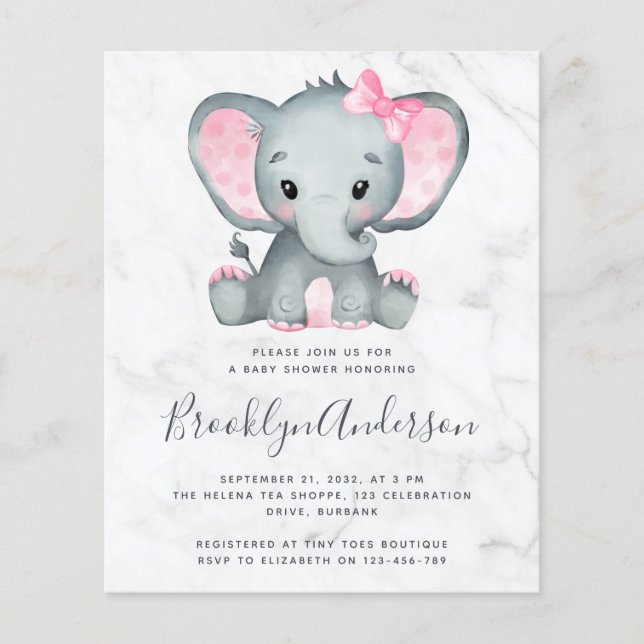 BUDGET Rosa Elephant Baby Shower-inbjudan (Framsida)