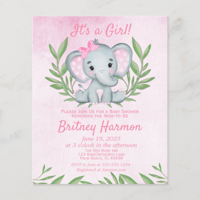 Budget Rosa Elephant Girl Baby Shower-inbjudan Flygblad (Framsidan)