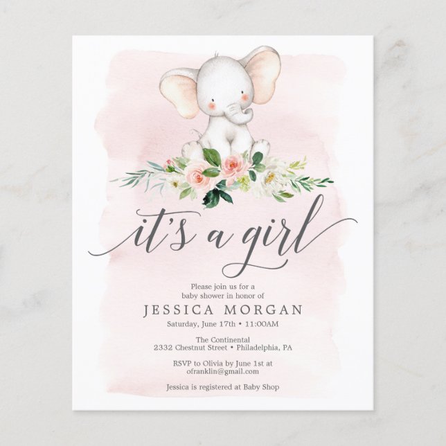 Budget Rosa Elephant Girl Baby Shower-inbjudan Flygblad (Framsidan)