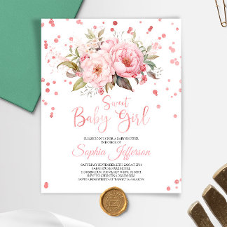 Budget  Rosa Flowers Baby Shower-inbjudan