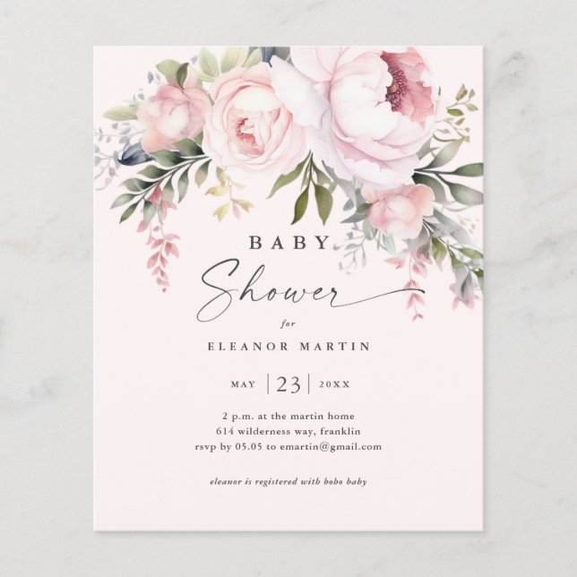 Budget Rosa Flowers Garden Baby Shower-inbjudan (Framsida)
