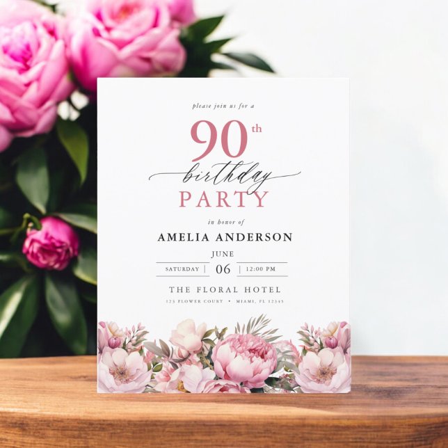 Budget Rosa Garden Blommigt 90:e födelsedagsinbjud Flygblad (Skapare uppladdad)