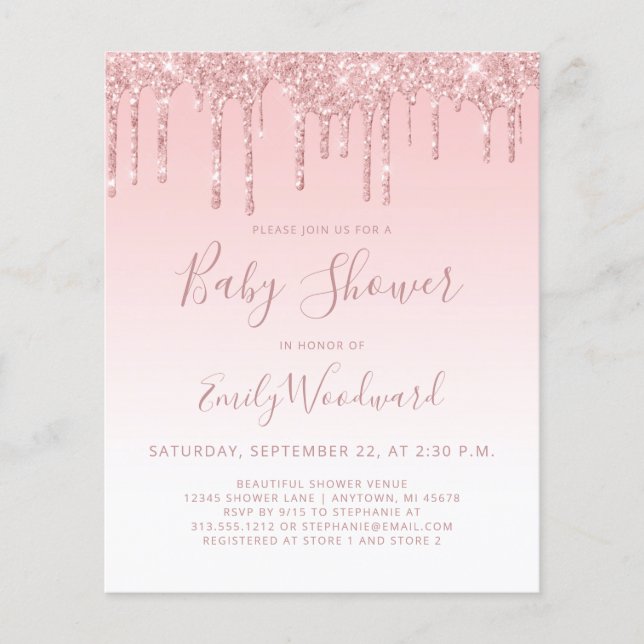 Budget Rosa Girl Baby Shower-inbjudan för Glitter  (Framsida)