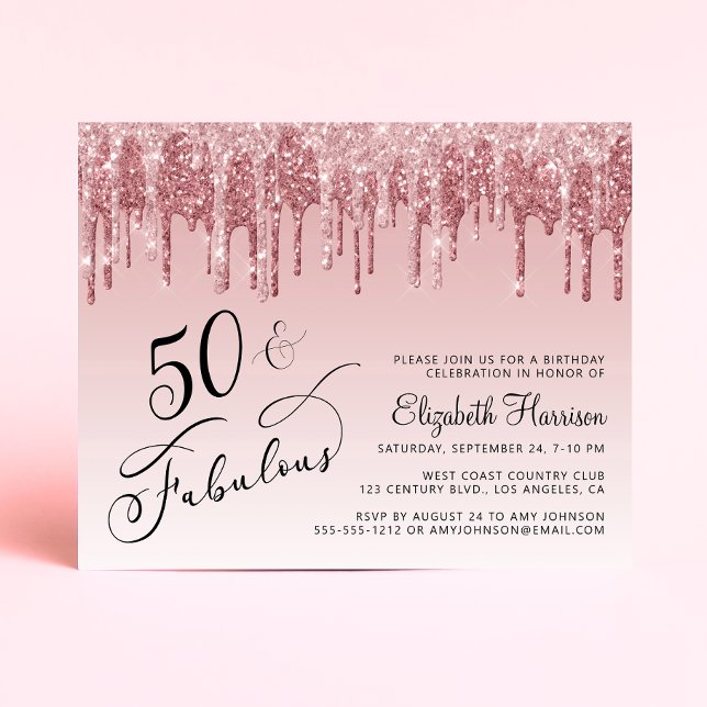 Budget Rosa Glitter 50:e Födelsedagsfest inbjudan (Skapare uppladdad)