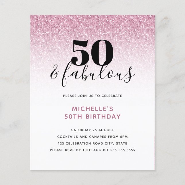 Budget Rosa Glitter 50 & Fabulous Birthday Inbjuda (Framsida)