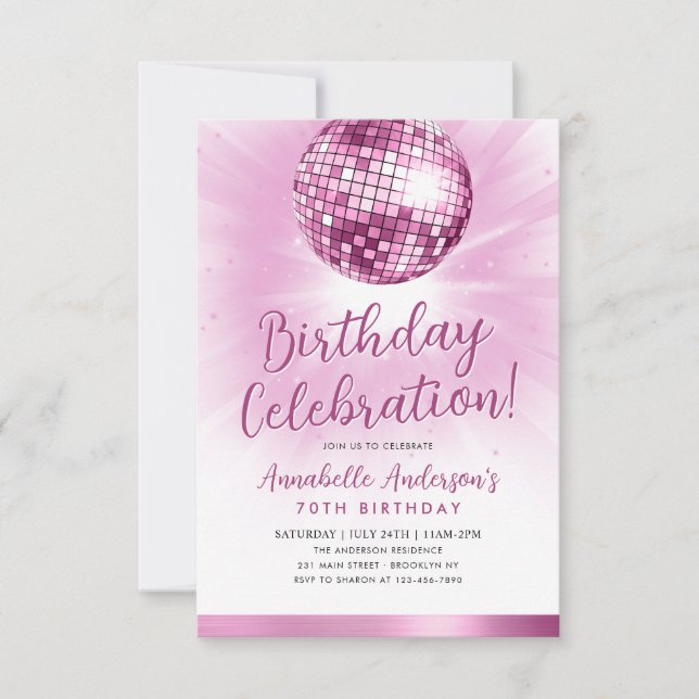 Budget  Rosa Glitter 70-talet Disco Boll födelseda Anteckningskort (Framsida)