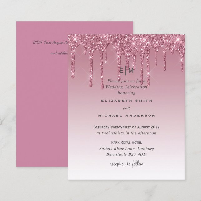 BUDGET Rosa Glitter Bröllopsinbjudningar (Fram/baksida)