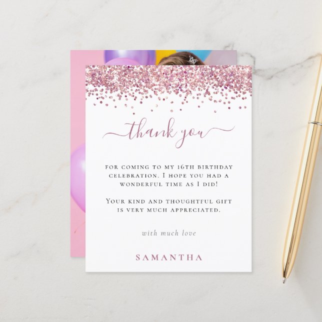 Budget Rosa Glitter Foto Sweet 16 Tackkort (Fram/Back In Situ)