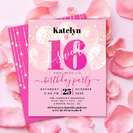 Budget Rosa Glitter Sweet 16 bubblor-inbjudan