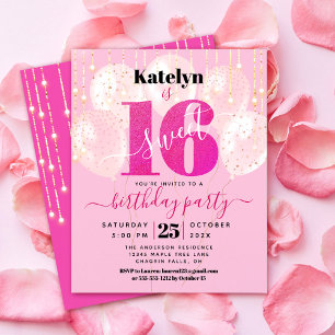 Budget Rosa Glitter Sweet 16 bubblor-inbjudan