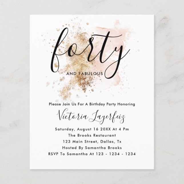 Budget Rosa & Guld 40:e födelsedagsinbjudan Flygblad (Framsidan)