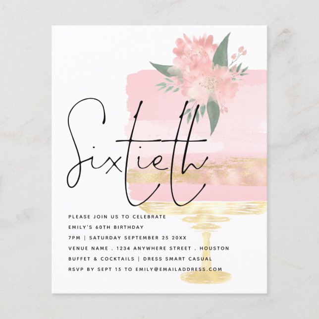 Budget Rosa Guld Birthday Cake 60:e Party Inbjudan Flygblad (Framsidan)