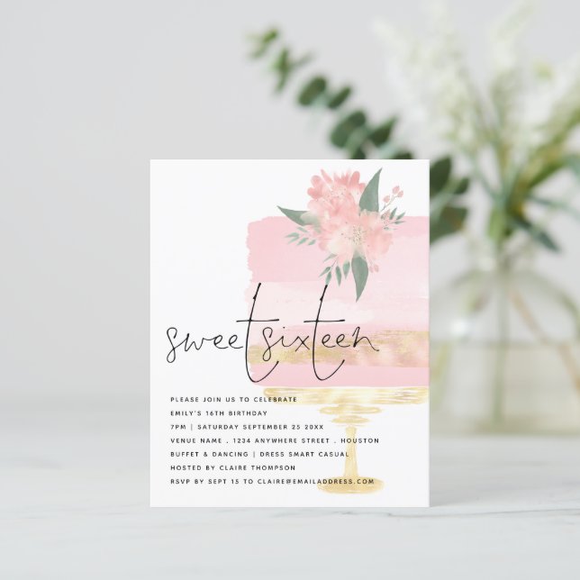 Budget Rosa Guld Birthday Cake Sweet 16 Inbjudan (Stående Fram)