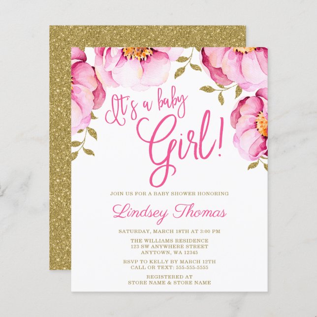 Budget Rosa Guld Blommig Akvarell Baby Shower (Fram/baksida)