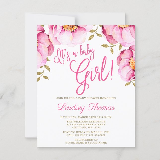 Budget Rosa Guld Blommig Akvarell Baby Shower (Framsida)